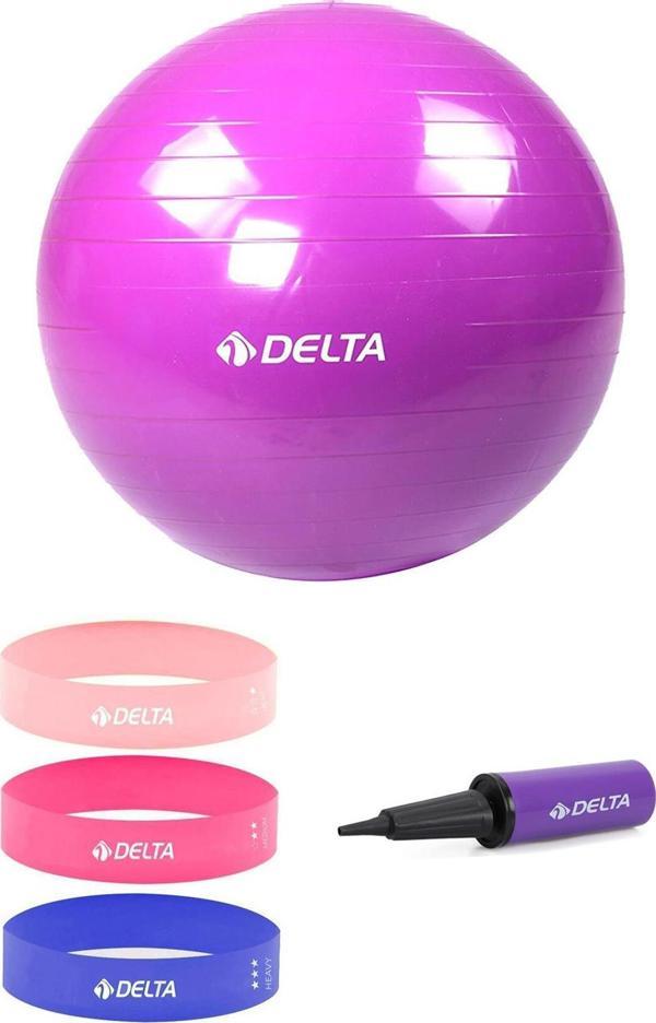 Delta 65 cm Pilates Topu 3'lü Squat Bandı Egzersiz Direnç Lastiği Pilates Topu Pompası 5'li Set - Image 1