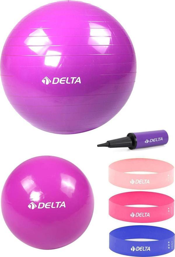 Delta 65 cm-20 cm Pilates Topu 3'lü Squat Bandı Egzersiz Direnç Lastiği Pilates Topu Pompası Seti - Image 1