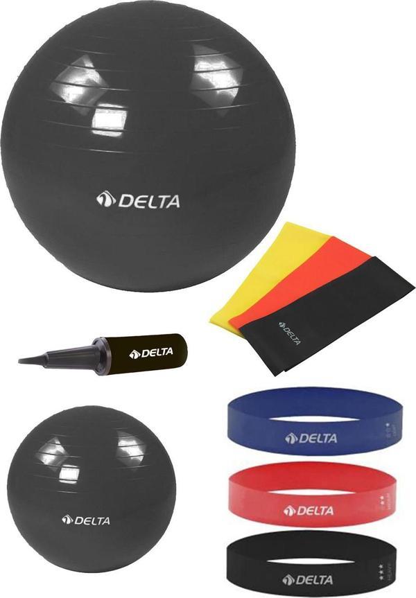 Delta 65-20 cm Pilates Topu 3'lü Pilates Bandı 3'lü Squat Bandı Direnç Lastiği Şişirme Pompası Seti - Image 1