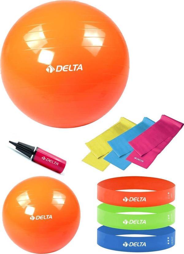 Delta 65-20 cm Pilates Topu 3'lü Pilates Bandı 3'lü Squat Bandı Direnç Lastiği Şişirme Pompası Seti - Image 1