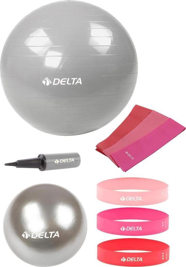 Delta 65-20 cm Pilates Topu 3'lü Pilates Bandı 3'lü Squat Bandı Direnç Lastiği Şişirme Pompası Seti - Image 1