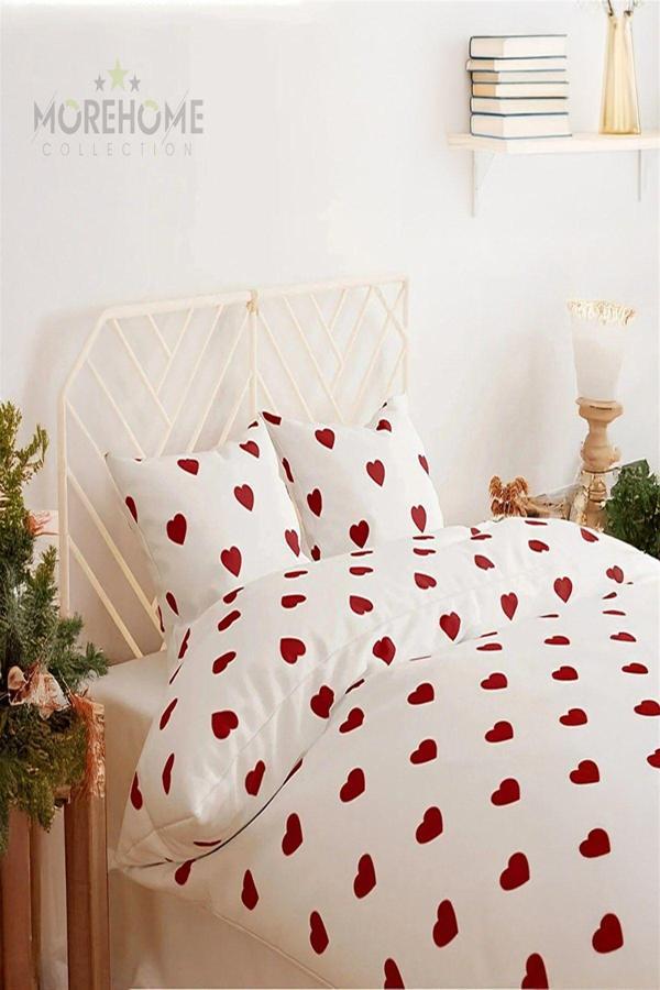 More Home Tek Kişilik Pamauklu Nevresim Takımı Lastikli Çarşaflı Kalp Desenli - Image 1