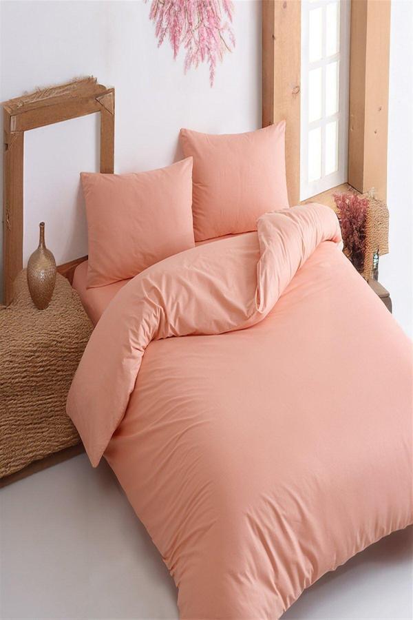More Home Tek Kişilik Pamuklu Nevresim Takımı Lastikli Çarşaflı Somon - Image 1