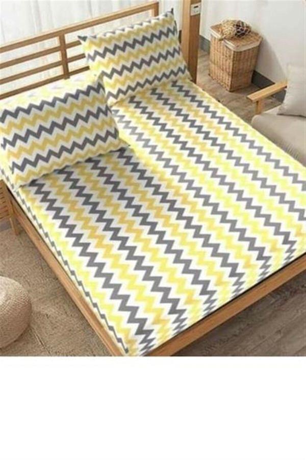 More Home Çift Kişilik Lastikli Çarşaf Seti + 2 Yastık Kılıfı 180×200 Zikzaklı Sarı Gri Beyaz - Image 1