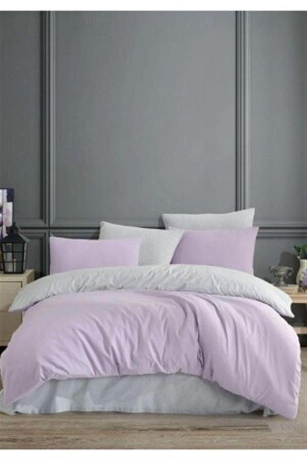 More Home Çift Kişilik Lastikli Çarşaf Nevresim Takımı Lila Açık Gri - Image 1