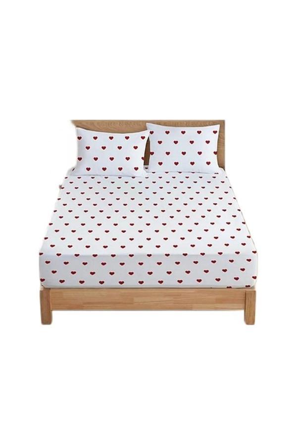 More Home Tek  Kişilik Pamuklu  Lastikli Çarşaf  Kalpli  Beyaz Kırmızı - Image 1