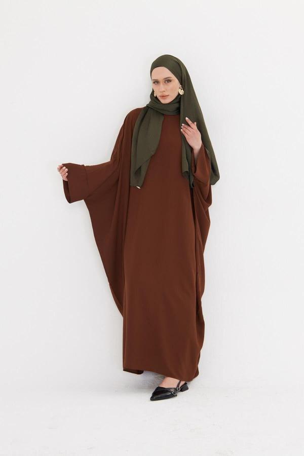 Hürrem Bone Açık Kahve Yarasa Kol Oversize Medine İpeği Arkası Düğmeli Düz Elbise 4001_47 - Image 1