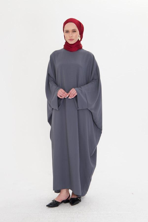 Hürrem Bone Antrasit Yarasa Kol Oversize Medine İpeği Arkası Düğmeli Düz Elbise 4001_25 - Image 1