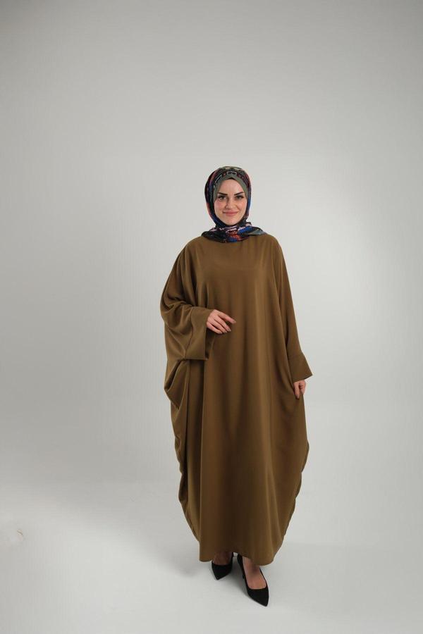 Hürrem Bone Haki Yarasa Kol Oversize Medine Ipeği Arkası Düğmeli Düz Elbise 4001_09 - Image 1