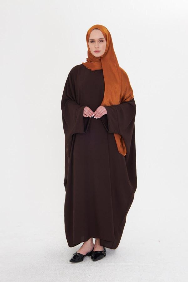 Hürrem Bone Kahve Yarasa Kol Oversize Medine İpeği Arkası Düğmeli Düz Elbise 4001_14 - Image 1