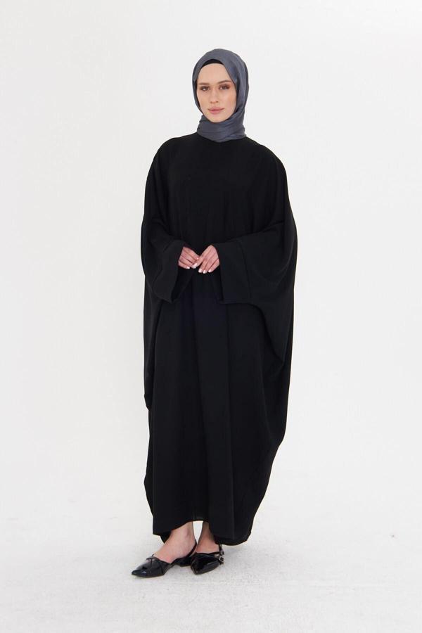 Hürrem Bone Siyah Yarasa Kol Oversize Medine İpeği Arkası Düğmeli Düz Elbise 4001_01 - Image 1