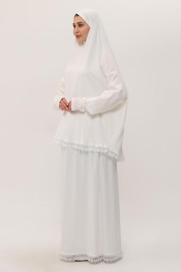 Hürrem Bone Krem İki Parça Namaz Elbisesi Pamuk Kumaş Dantelli 2205_40 - Image 1