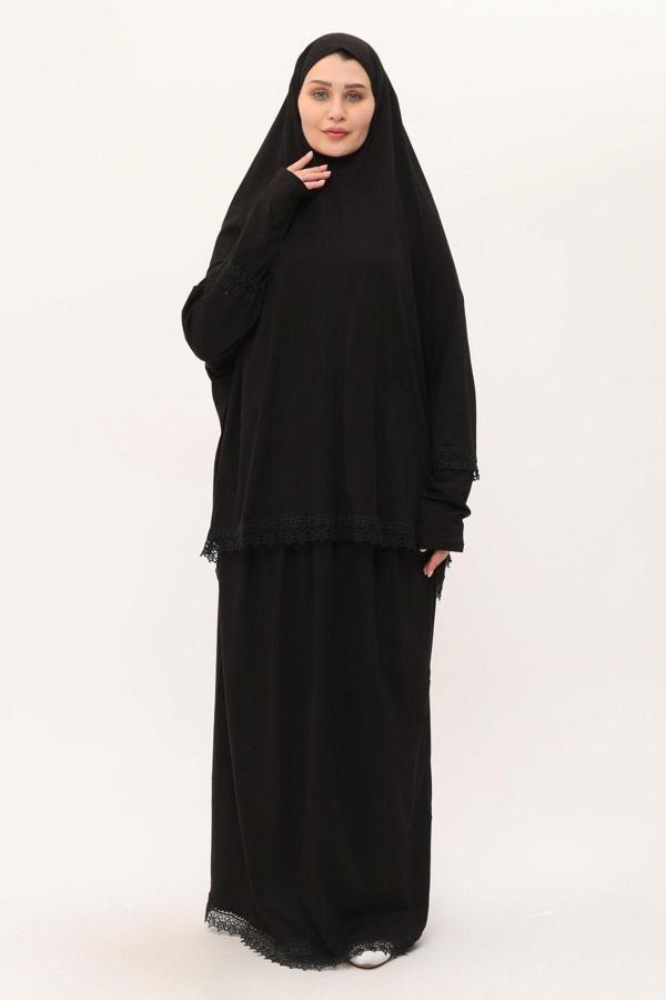 Hürrem Bone Siyah İki Parça Namaz Elbisesi Pamuk Kumaş Dantelli 2205_01 - Image 1