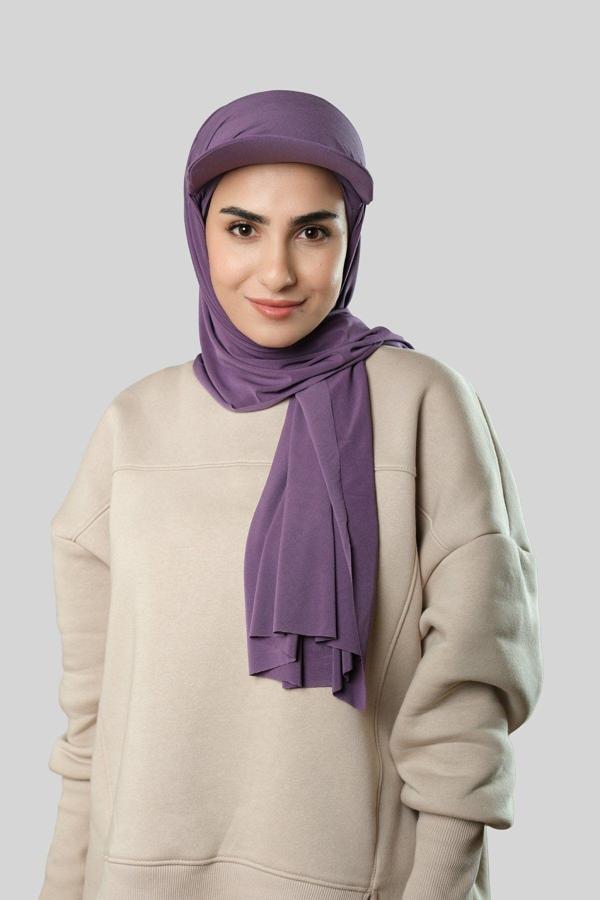 Hürrem Bone Mor Pratik Hazır Geçmeli Şapkalı Tesettür Şal Sandy Düz 3008_22 - Image 1