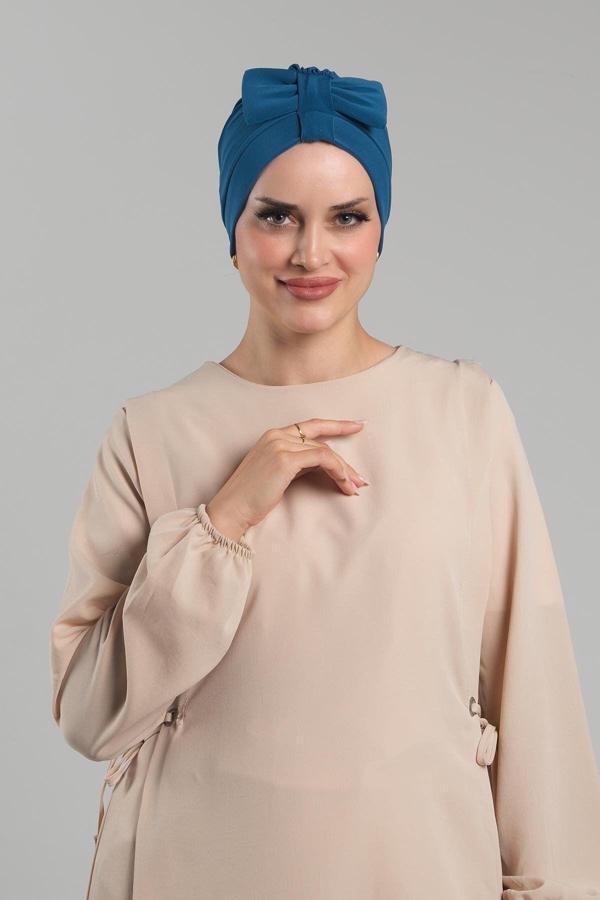 Hürrem Bone Petrol Mavisi Pratik Hazır Geçmeli Fiyonklu Bone Sandy Çift Taraflı Çapraz 3007B_17 - Image 1