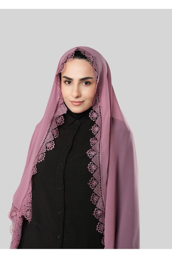 Hürrem Bone Gül Kurusu Namaz Başörtüsü Şal Şifon Güpürlü 202106_18 - Image 1