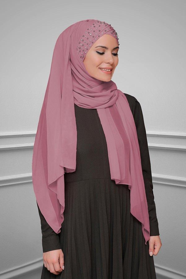 Hürrem Bone Gül Kurusu Pratik Hazır Geçmeli Bone Şal Şifon Kendinden Boneli Taşlı Elişi Işlemeli 1450_18 - Image 1