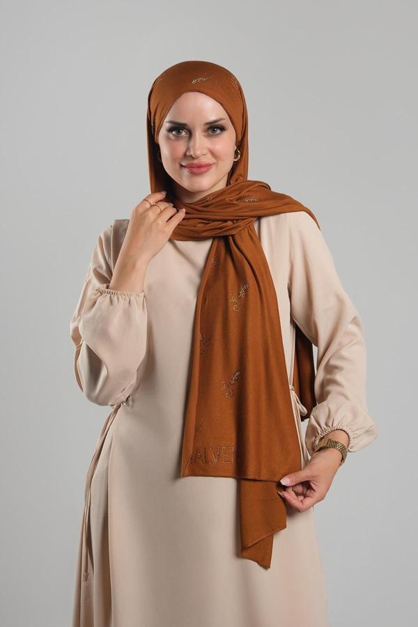 Hürrem Bone Taba Kristal Taşlı Şal Viskon Sümbül Çiçek Desenli 202117_33 - Image 1