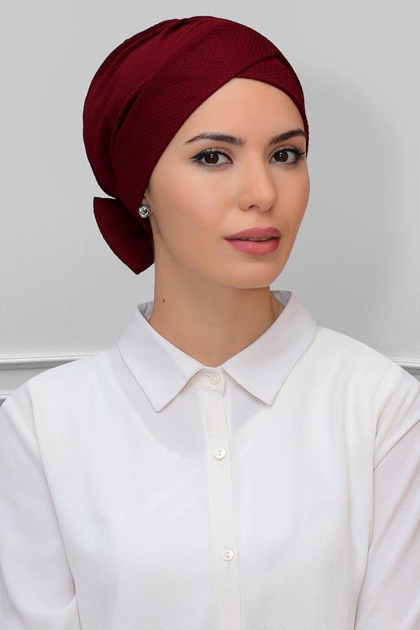 Hürrem Bone Bordo Pratik Hazır Geçmeli Tesettür Bone Petekli Fiyonklu Çift Taraflı Tek Çapraz 1865_16 - Image 1