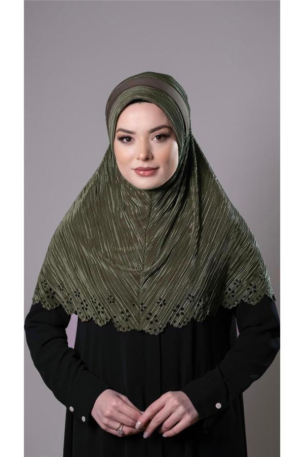 Hürrem Bone Haki Pratik Hazır Geçmeli Tesettür Eşarp Fukuro Kumaş Piliseli Çiçek Desenli Lazer Kesim 1829_09 - Image 1