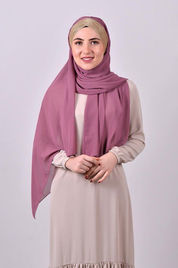 Hürrem Bone Gül Kurusu-Gold Arkadan Bağlamalı Şal Şifon Üç Bantlı Simli Pileli 1835_1802 - Image 1