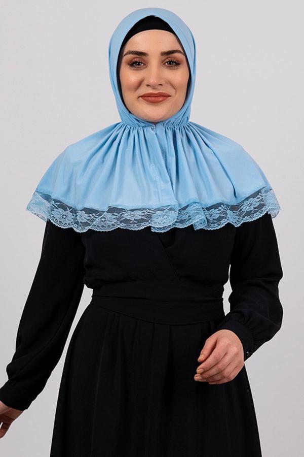 Hürrem Bone Bebe Mavisi Pratik Hazır Geçmeli Tesettür Eşarp Viskon Kumaş Çıtçıtlı Dantelli 2105_11 - Image 1