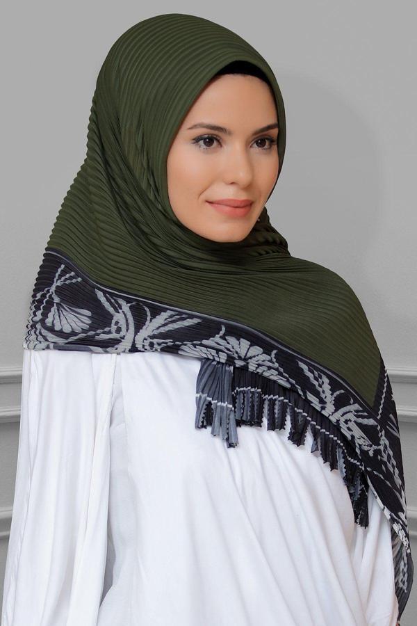 Hürrem Bone Haki Pratik Hazır Geçmeli Tesettür Eşarp Kesik Elyaf Piliseli Çiçek Desenli 1818D3_09 - Image 1