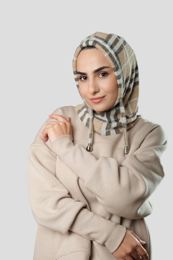 Hürrem Bone Bej Bağcıklı Balaklava Boyunluklu Bere Jakar Ekoseli 2323_12 - Image 1