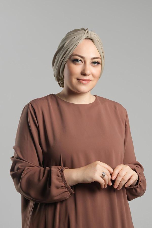 Hürrem Bone Koyu Bej Pratik Hazır Geçmeli Tesettür Bone Sandy Pileli Salaş 2121_44 - Image 1