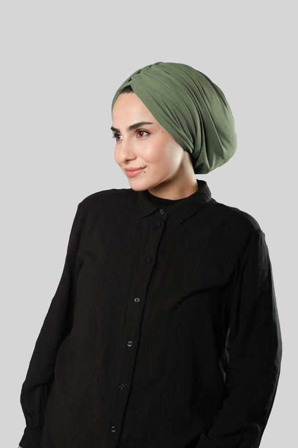 Hürrem Bone Yağ Yeşili Drapeli Salaş Tesettür Bone Sandy Büzgülü 2315_36 - Image 1