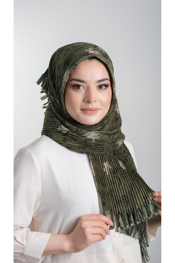 Hürrem Bone Haki Pratik Hazır Geçmeli Tesettür Eşarp Kesik Elyaf Piliseli Çiçek Desenli 1818D6_09 - Image 1