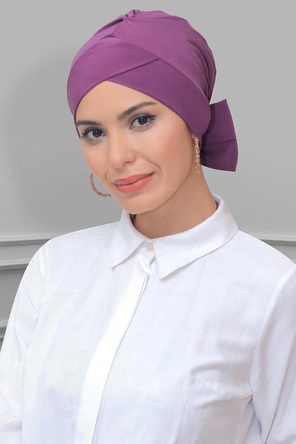 Hürrem Bone Koyu Gül K. Pratik Hazır Geçmeli Tesettür Bone Sandy Kumaş Fiyonklu Çift Taraflı Tek Çapraz 1833_21 - Image 1