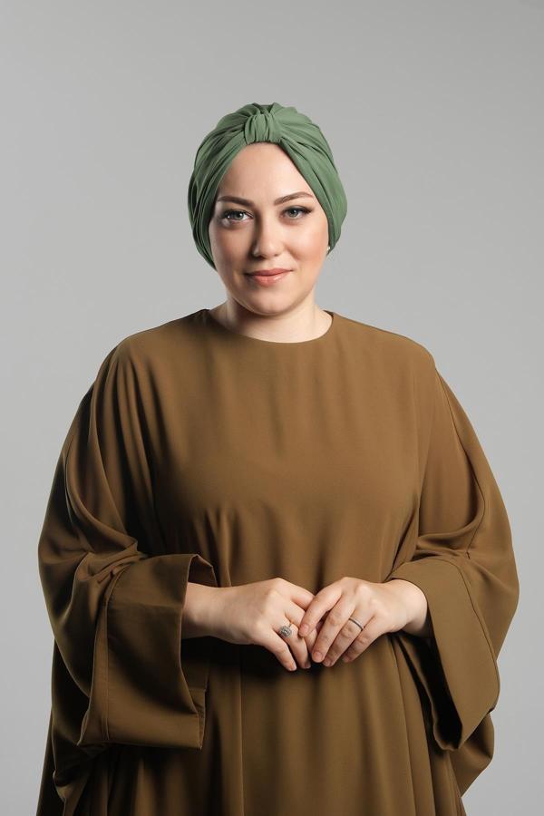 Hürrem Bone Yağ Yeşili Pratik Hazır Geçmeli Tesettür Bone Sandy Pileli Salaş 2121_36 - Image 1