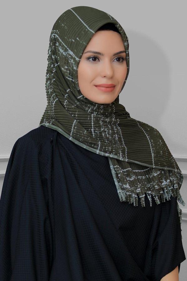 Hürrem Bone Haki Pratik Hazır Geçmeli Tesettür Eşarp Kesik Elyaf Piliseli Çizgili Desenli 1818D2_09 - Image 1