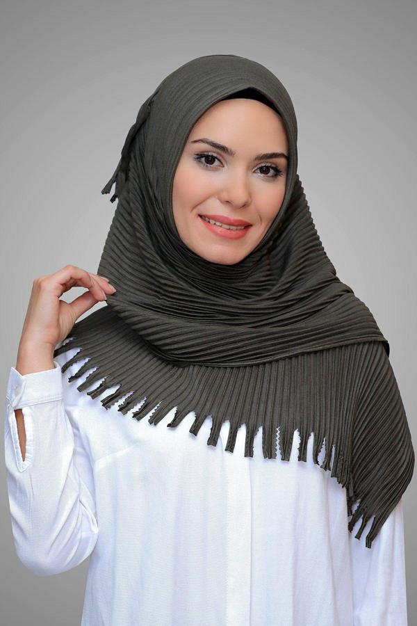 Hürrem Bone Haki Pratik Hazır Geçmeli Tesettür Eşarp Kesik Elyaf Piliseli Saçaklı Lazer Kesim 1818_09 - Image 1
