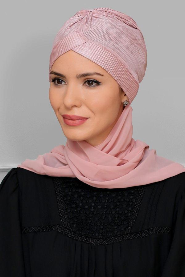 Hürrem Bone Pudra Pratik Hazır Geçmeli Tesettür Bone Fukuro Piliseli Tek Çapraz Büzgülü Şifon Atkılı 1824A_06 - Image 1