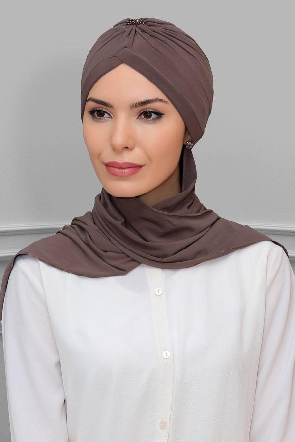 Hürrem Bone Koyu Vizon Pratik Hazır Geçmeli Tesettür Bone Sandy Kumaş Taçlı Büzgülü Şifon Atkılı 1208A_38 - Image 1