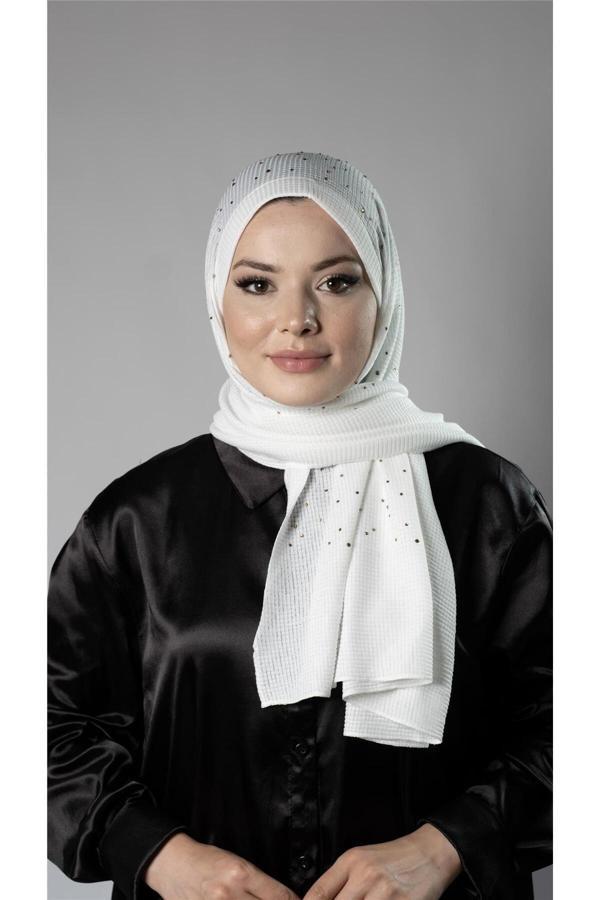 Hürrem Bone Beyaz Pratik Hazır Geçmeli Tesettür Şal Örme Kumaş Taş Desenli 2118T_42 - Image 1
