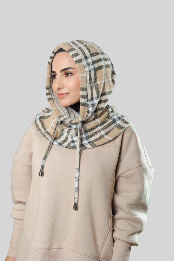 Hürrem Bone Bej Bağcıklı Salaş Balaklava Boyunluklu Bere Jakar Ekoseli 2324_12 - Image 1