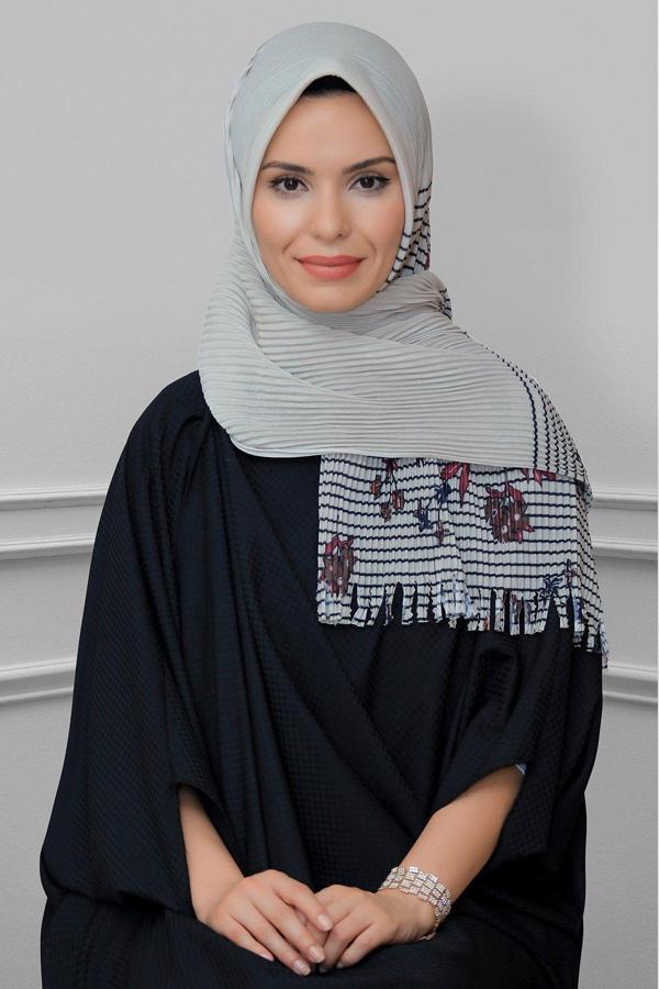Hürrem Bone Bej Pratik Hazır Geçmeli Tesettür Eşarp Kesik Elyaf Piliseli Çiçek Desenli 1818D1_12 - Image 1