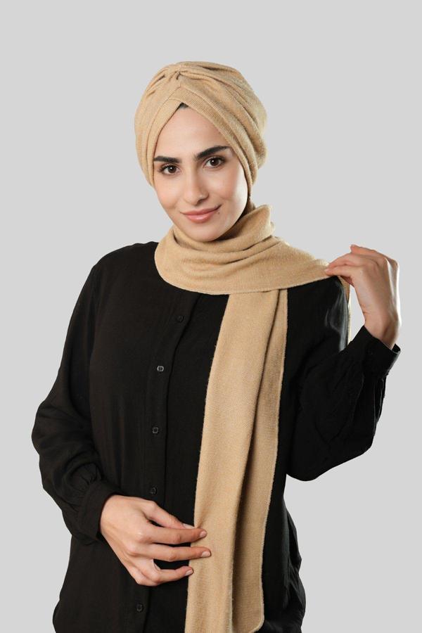 Hürrem Bone Bej Kışlık Kendinden Atkılı Peluş Tesettür Bone Jakar Düz 2329_12 - Image 1