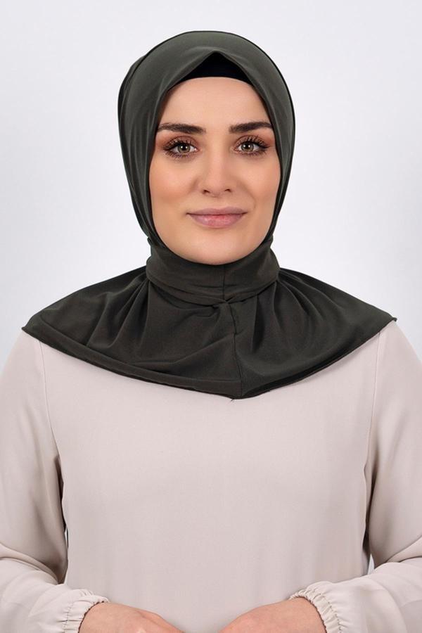 Hürrem Bone Haki Pratik Hazır Geçmeli Tesettür Eşarp Sandy Kumaş Arkadan Çıtçıtlı 2101_09 - Image 1