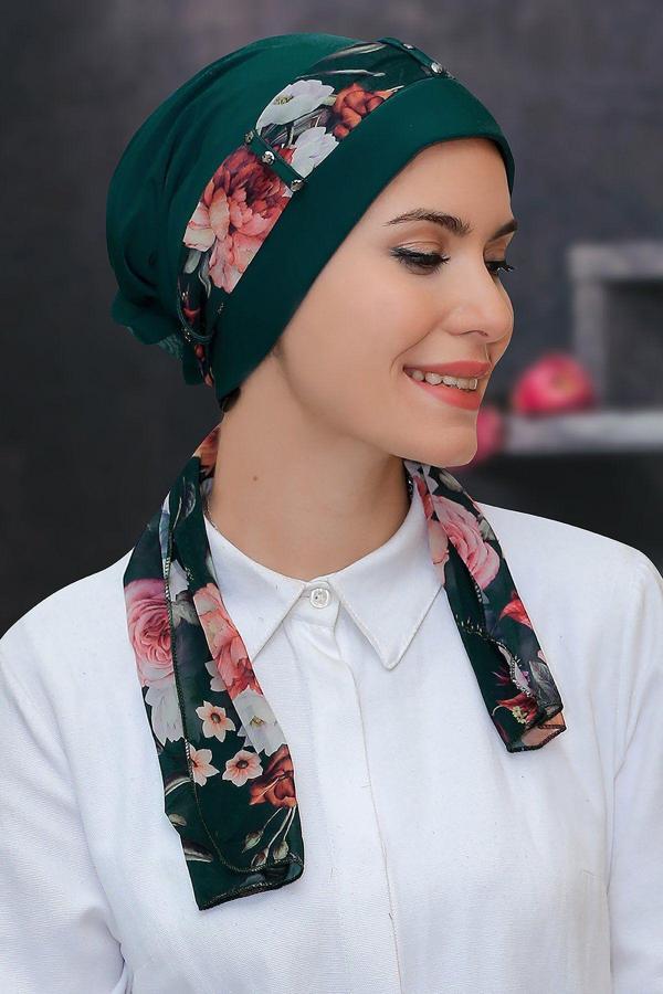 Hürrem Bone Zümrüt Pratik Hazır Geçmeli Tesettür Bone Sandy Kumaş Desenli Şifon Kemerli 1305D_37 - Image 1