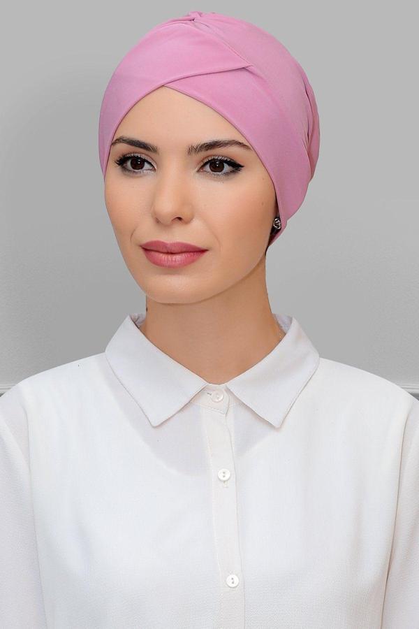 Hürrem Bone Pudra Pratik Hazır Geçmeli Tesettür Bone Sandy Kumaş Çapraz Büzgülü 1801_06 - Image 1