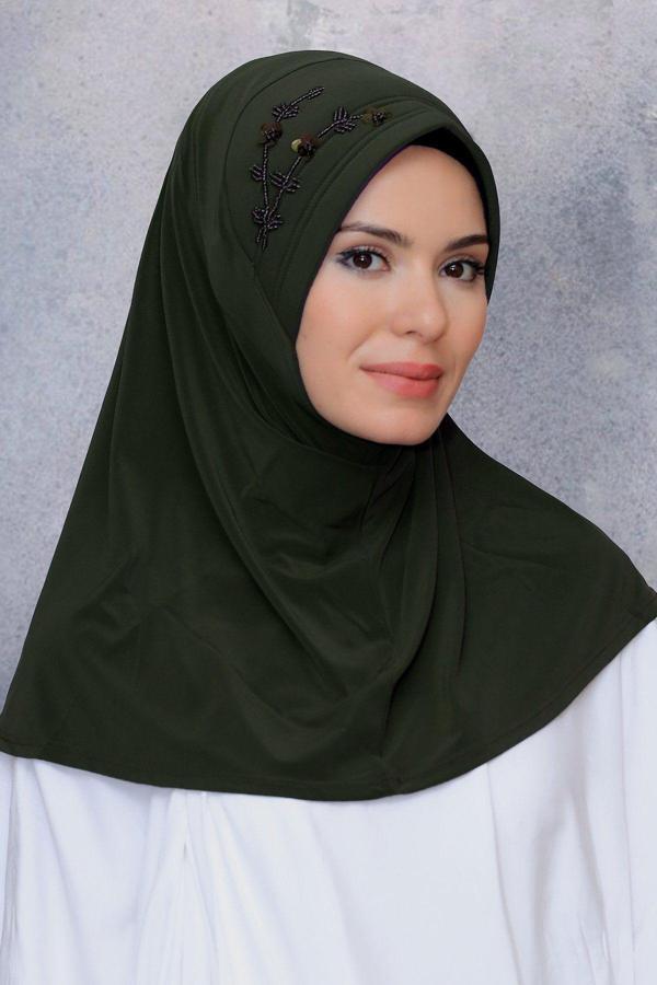 Hürrem Bone Haki Pratik Hazır Geçmeli Tesettür Eşarp Sandy Kumaş Elişi Çiçek Işlemeli Pullu 1604_09 - Image 1