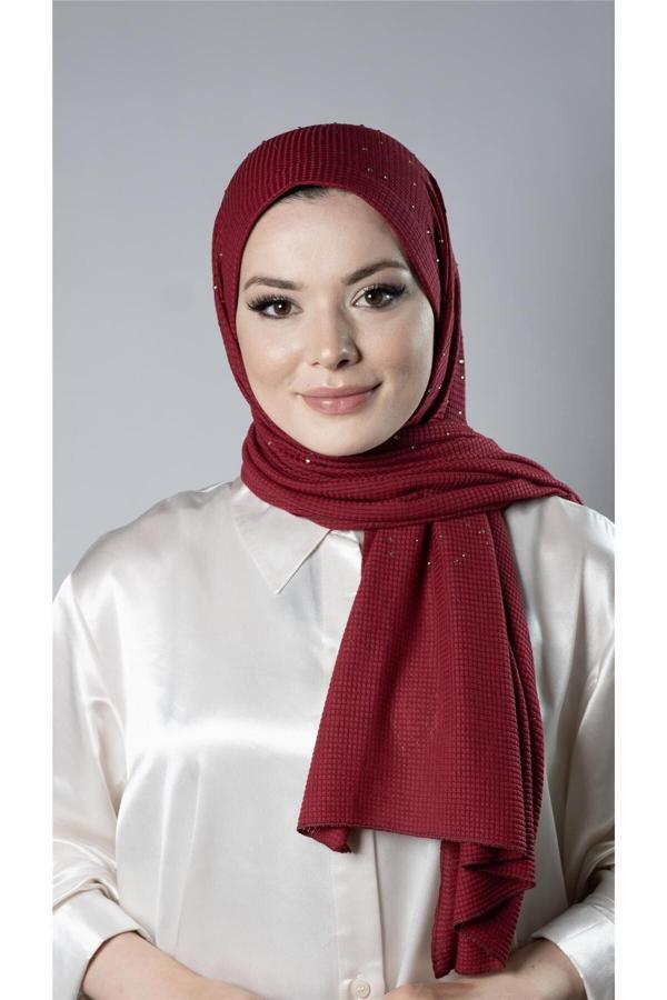Hürrem Bone Bordo Pratik Hazır Geçmeli Tesettür Şal Örme Kumaş Taş Desenli 2118T_16 - Image 1