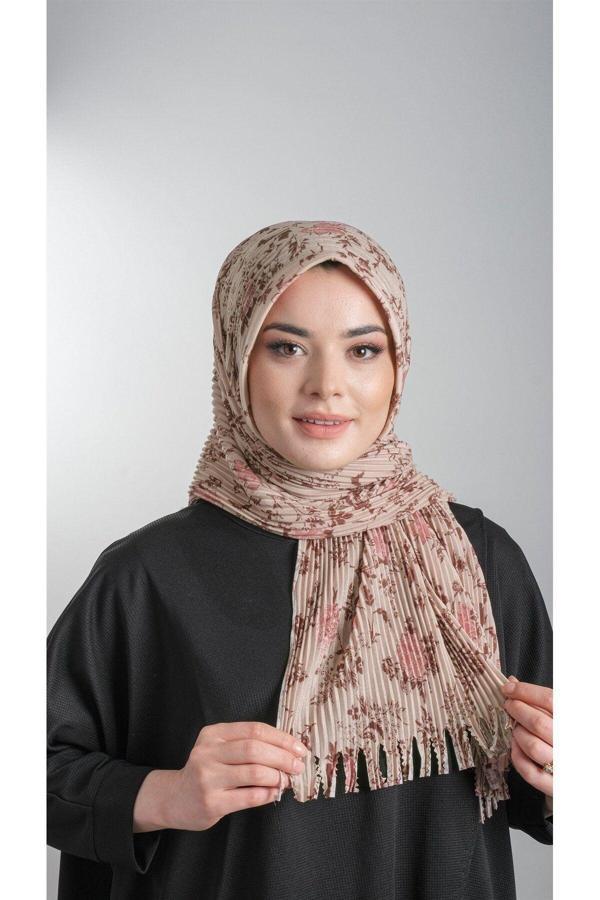 Hürrem Bone Bej Pratik Hazır Geçmeli Tesettür Eşarp Kesik Elyaf Piliseli Çiçek Desenli 1818D6_12 - Image 1
