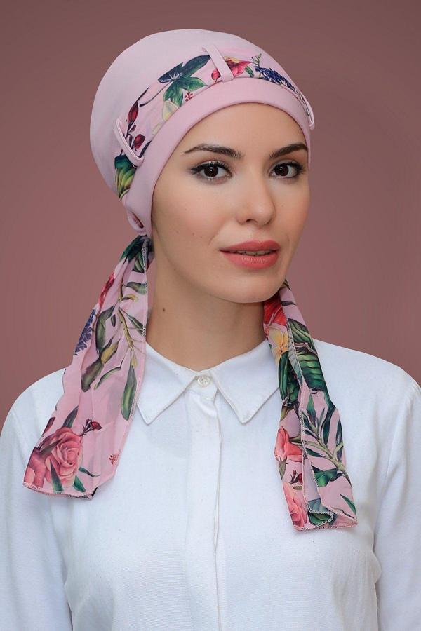 Hürrem Bone Pudra Pratik Hazır Geçmeli Tesettür Bone Sandy Kumaş Desenli Şifon Kemerli 1205D_06 - Image 1
