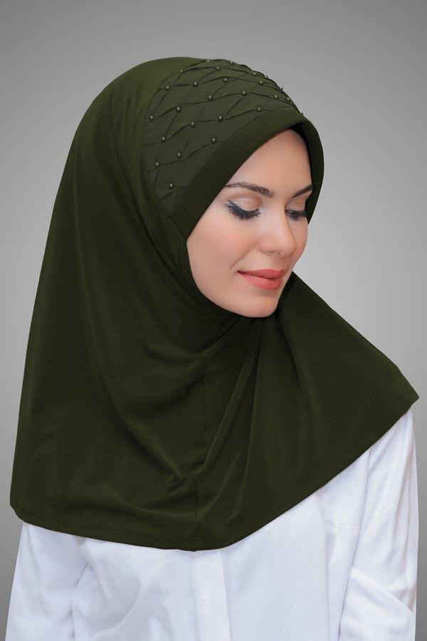 Hürrem Bone Haki Pratik Hazır Geçmeli Tesettür Eşarp Sandy Kumaş Işlemeli Incili Taşlı 1605_09 - Image 1