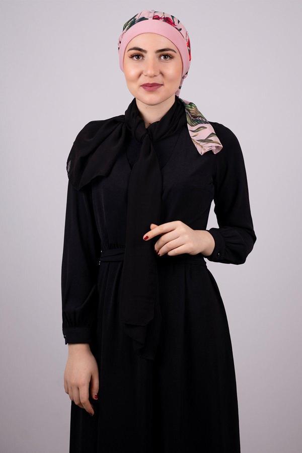 Hürrem Bone Pudra Pratik Hazır Geçmeli Tesettür Bone Sandy Kumaş Desenli Şifon Kemerli 1305D_06 - Image 1